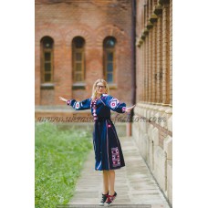 Boho Style Ukrainian Embroidered Maxi Broad Dress Navy with White/Red Embroidery